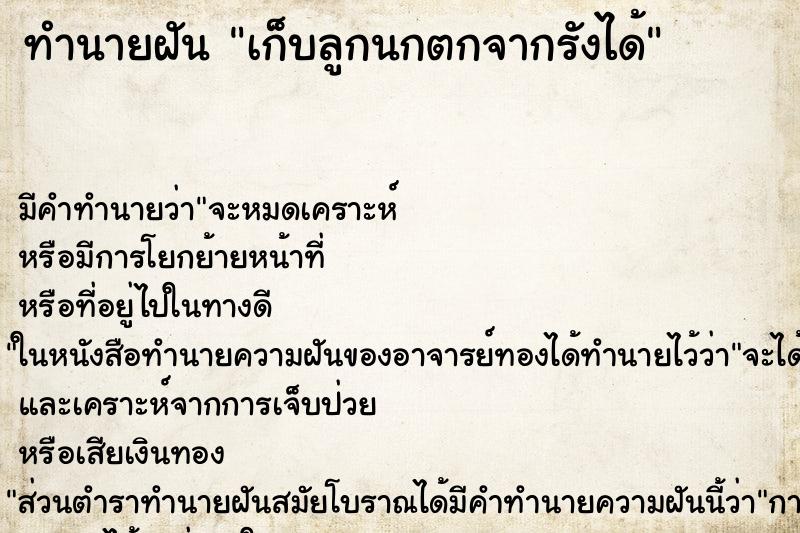 ทำนายฝัน เก็บลูกนกตกจากรังได้ ทำนายฝัน เก็บลูกนกตกจากรังได้