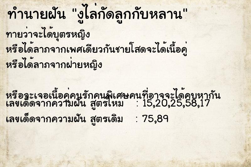 ทำนายฝันงูไล่กัดลูกกับหลาน ทำนายฝันทำนายฝันงูไล่กัดลูกกับหลาน
