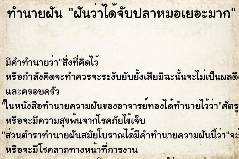 ทำนายฝัน ฝันว่าได้จับปลาหมอเยอะมาก ทำนายฝัน ฝันว่าได้จับปลาหมอเยอะมาก