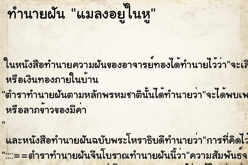ทำนายฝัน แมลงอยู่ในหู ทำนายฝัน แมลงอยู่ในหู