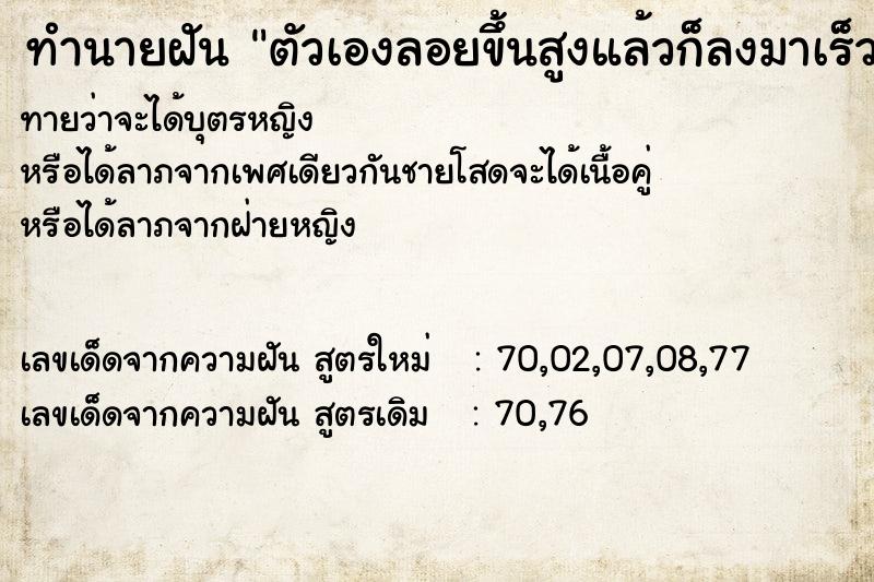 ทำนายฝันทำนายฝันตัวเองลอยขึ้นสูงแล้วก็ลงมาเร็วมาก