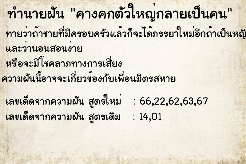 ทำนายฝันคางคกตัวใหญ่กลายเป็นคน ทำนายฝันทำนายฝันคางคกตัวใหญ่กลายเป็นคน