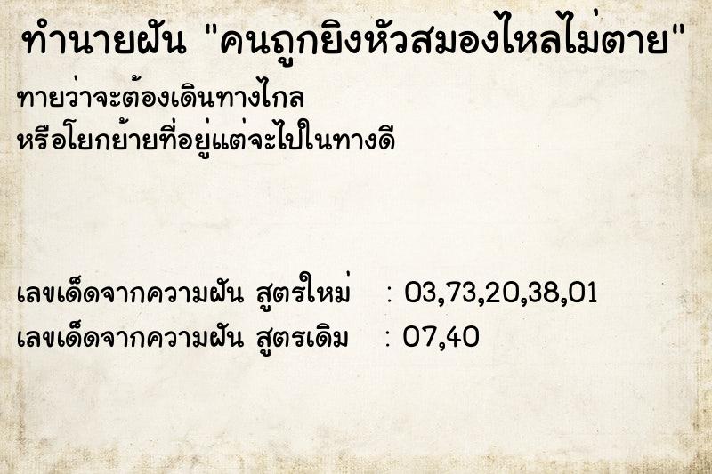 ทำนายฝันคนถูกยิงหัวสมองไหลไม่ตาย ทำนายฝันทำนายฝันคนถูกยิงหัวสมองไหลไม่ตาย