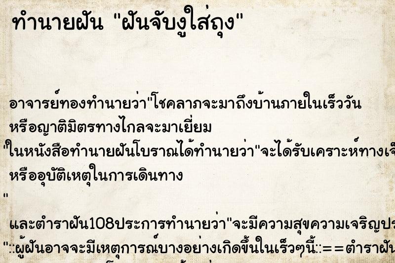 ทำนายฝันทำนายฝันฝันจับงูใส่ถุง