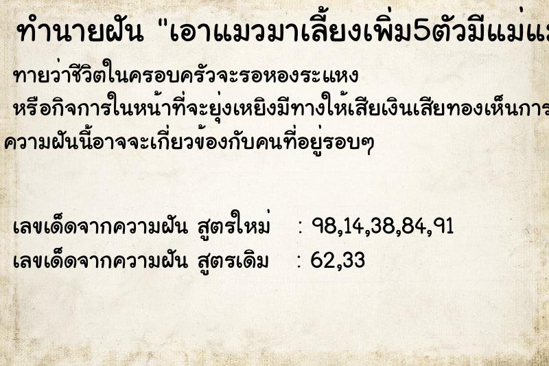 ทำนายฝันทำนายฝันเอาแมวมาเลี้ยงเพิ่ม5ตัวมีแม่แมวลูกแมว