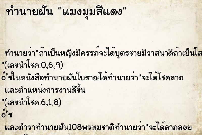 ทำนายฝันแมงมุมสีแดง ทำนายฝันทำนายฝันแมงมุมสีแดง