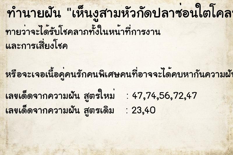 ทำนายฝันทำนายฝันเห็นงูสามหัวกัดปลาซ่อนใตโคลนตม