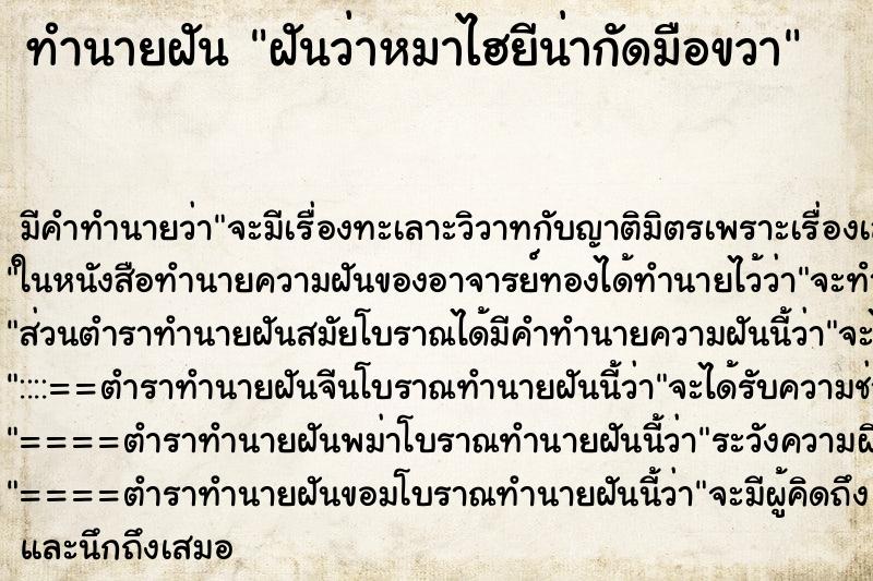 ทำนายฝันฝันว่าหมาไฮยีน่ากัดมือขวา ทำนายฝันทำนายฝันฝันว่าหมาไฮยีน่ากัดมือขวา