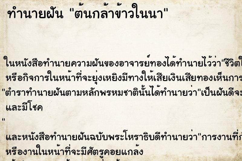 ทำนายฝัน ต้นกล้าข้าวในนา ตำราโบราณ แม่นที่สุดในโลก