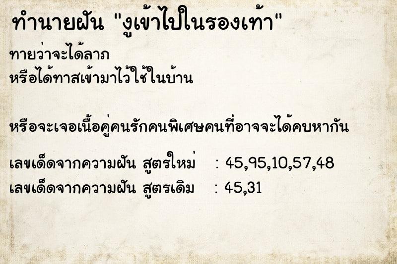 ทำนายฝันงูเข้าไปในรองเท้า ทำนายฝันทำนายฝันงูเข้าไปในรองเท้า