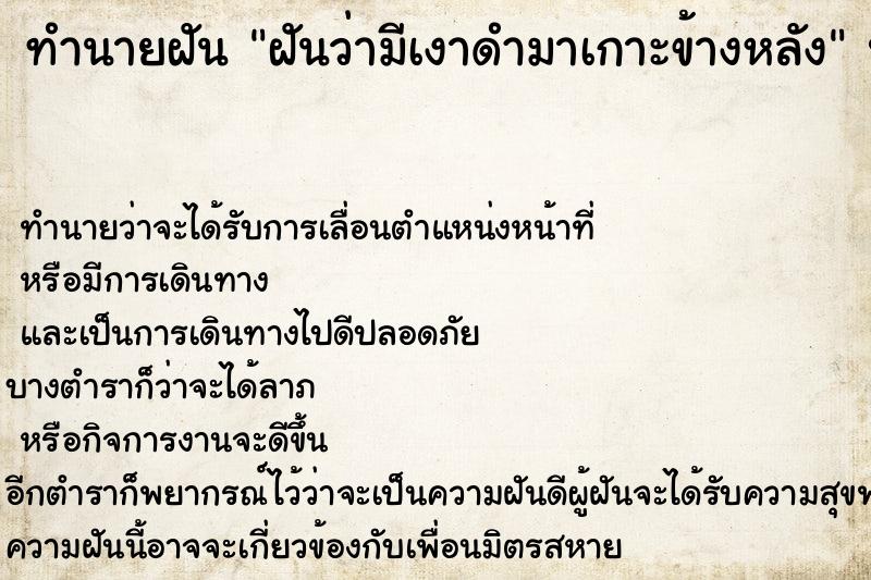 ทำนายฝันฝันว่ามีเงาดำมาเกาะข้างหลัง ทำนายฝันทำนายฝันฝันว่ามีเงาดำมาเกาะข้างหลัง