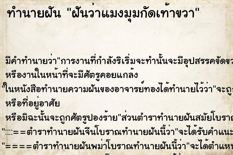ทำนายฝันฝันว่าแมงมุมกัดเท้าขวา ทำนายฝันทำนายฝันฝันว่าแมงมุมกัดเท้าขวา