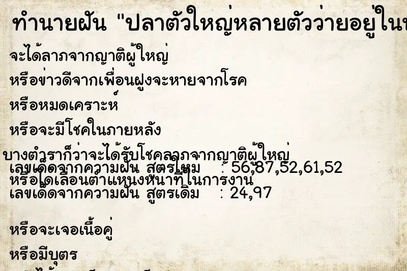ทำนายฝัน ปลาตัวใหญ่หลายตัวว่ายอยู่ในน้ำ แม่นๆ ฟรี ด้วยตำราหนังสือทำนายฝันโบราณ ทำนายฝันปลาตัวใหญ่หลายตัวว่ายอยู่ในน้ำ