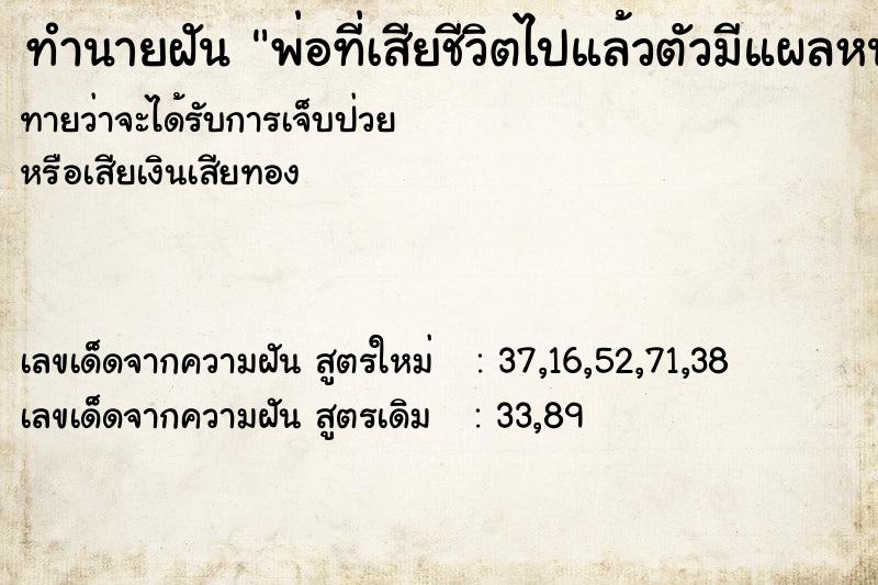 ทำนายฝัน พ่อที่เสียชีวิตไปแล้วตัวมีแผลหนอง ทำนายฝัน พ่อที่เสียชีวิตไปแล้วตัวมีแผลหนอง