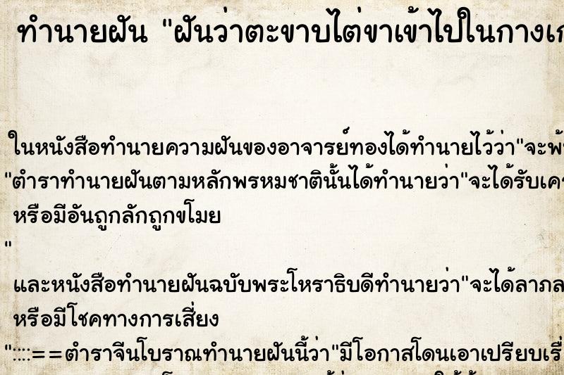 ทำนายฝันฝันว่าตะขาบไต่ขาเข้าไปในกางเกง ทำนายฝันทำนายฝันฝันว่าตะขาบไต่ขาเข้าไปในกางเกง