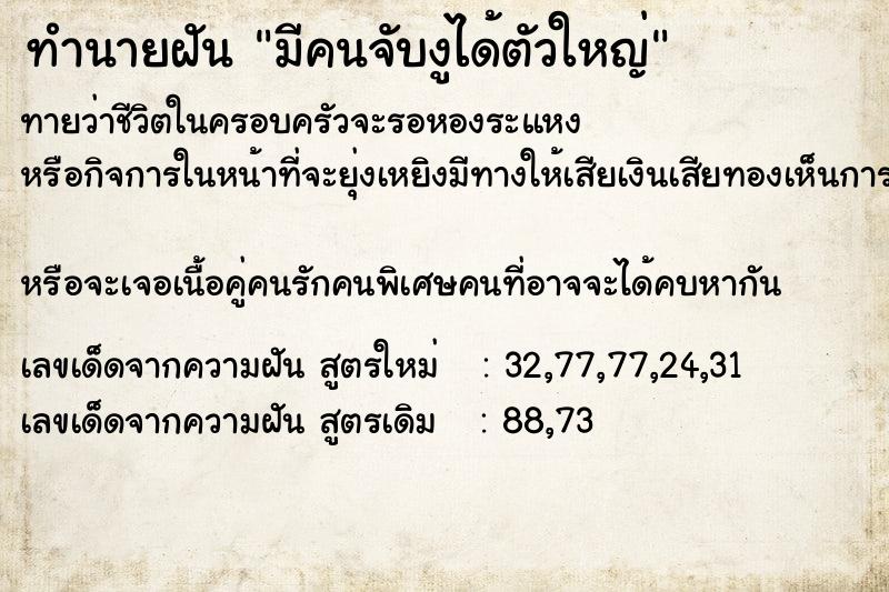 ทำนายฝันมีคนจับงูได้ตัวใหญ่ ทำนายฝันทำนายฝันมีคนจับงูได้ตัวใหญ่