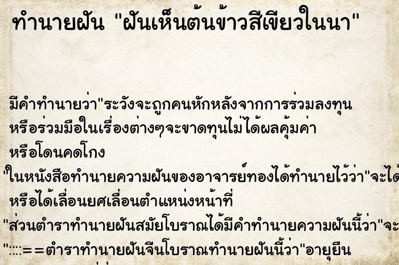 ทำนายฝัน ฝันเห็นต้นข้าวสีเขียวในนา ทำนายฝัน ฝันเห็นต้นข้าวสีเขียวในนา