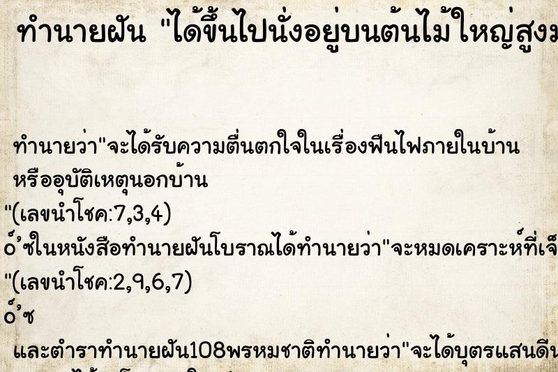 ทำนายฝัน ได้ขึ้นไปนั่งอยู่บนต้นไม้ใหญ่สูงมาก ทำนายฝัน ได้ขึ้นไปนั่งอยู่บนต้นไม้ใหญ่สูงมาก