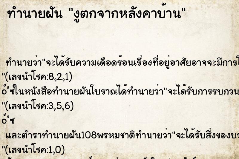 ทำนายฝันงูตกจากหลังคาบ้าน ทำนายฝันทำนายฝันงูตกจากหลังคาบ้าน