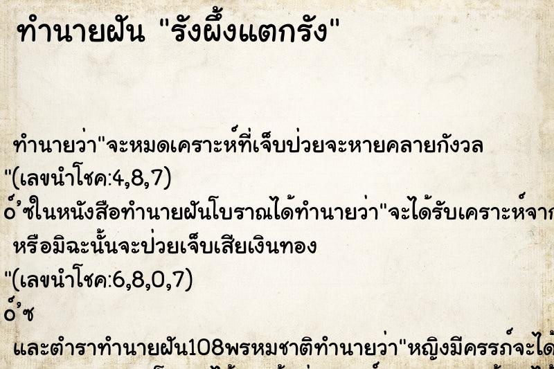 ทำนายฝันรังผึ้งแตกรัง ทำนายฝันทำนายฝันรังผึ้งแตกรัง