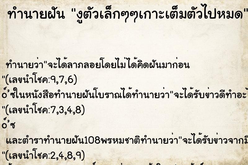 ทำนายฝัน งูตัวเล็กๆๆเกาะเต็มตัวไปหมด ทำนายฝัน งูตัวเล็กๆๆเกาะเต็มตัวไปหมด