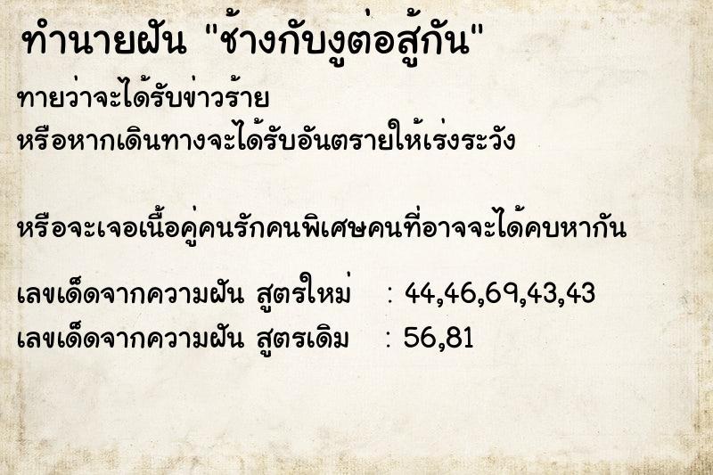 ทำนายฝันช้างกับงูต่อสู้กัน ทำนายฝันทำนายฝันช้างกับงูต่อสู้กัน