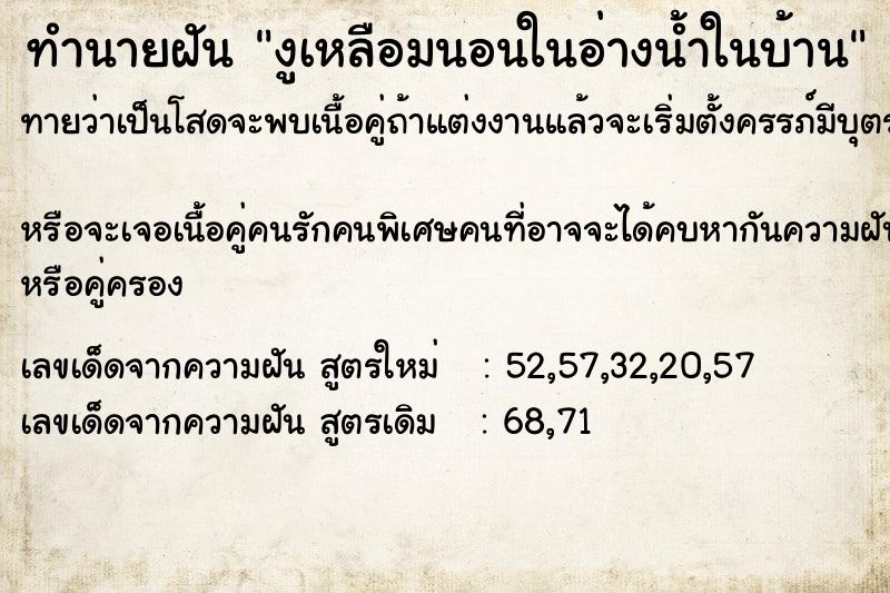 ทำนายฝันงูเหลือมนอนในอ่างน้ำในบ้าน ทำนายฝันทำนายฝันงูเหลือมนอนในอ่างน้ำในบ้าน