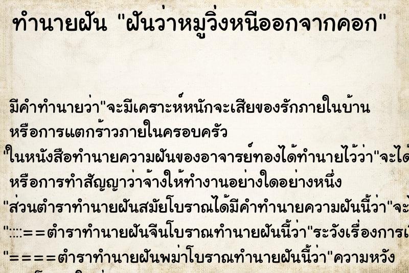 ทำนายฝันฝันว่าหมูวิ่งหนีออกจากคอก ทำนายฝันทำนายฝันฝันว่าหมูวิ่งหนีออกจากคอก
