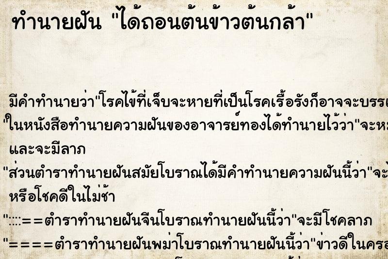 ทำนายฝัน ได้ถอนต้นข้าวต้นกล้า ทำนายฝัน ได้ถอนต้นข้าวต้นกล้า