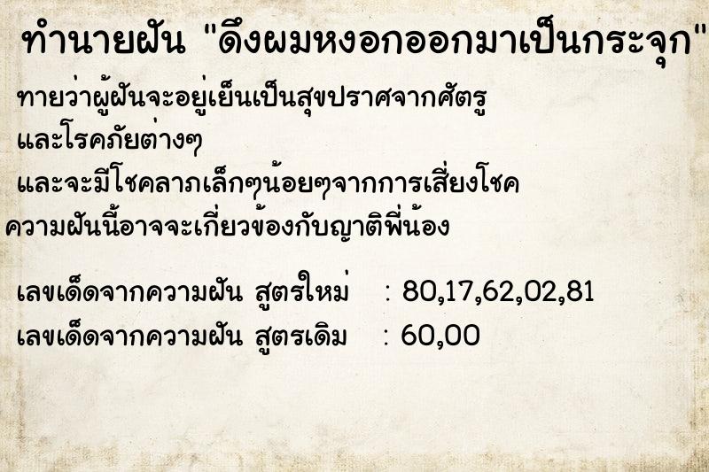 ทำนายฝันดึงผมหงอกออกมาเป็นกระจุก ทำนายฝันทำนายฝันดึงผมหงอกออกมาเป็นกระจุก