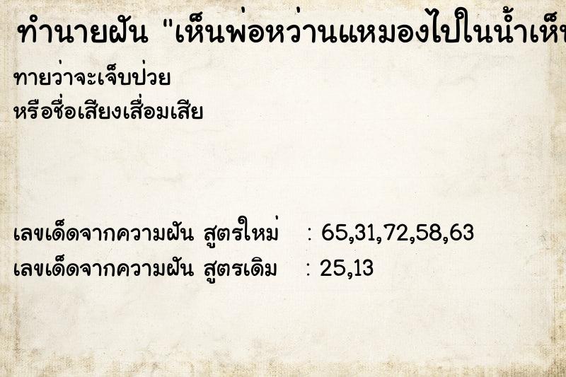 ทำนายฝันทำนายฝันเห็นพ่อหว่านแหมองไปในน้ำเห็นปลาวิ่งเต็มเลย