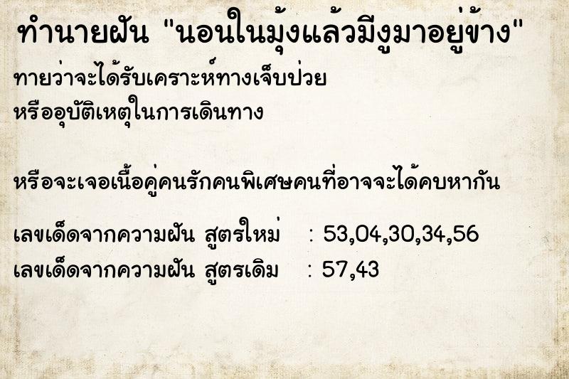 ทำนายฝันทำนายฝันนอนในมุ้งแล้วมีงูมาอยู่ข้าง