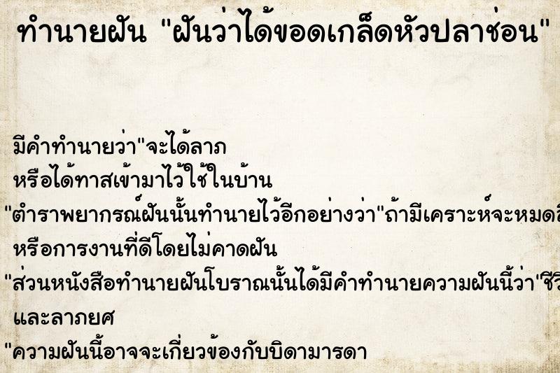 ทำนายฝันฝันว่าได้ขอดเกล็ดหัวปลาช่อน ทำนายฝันทำนายฝันฝันว่าได้ขอดเกล็ดหัวปลาช่อน