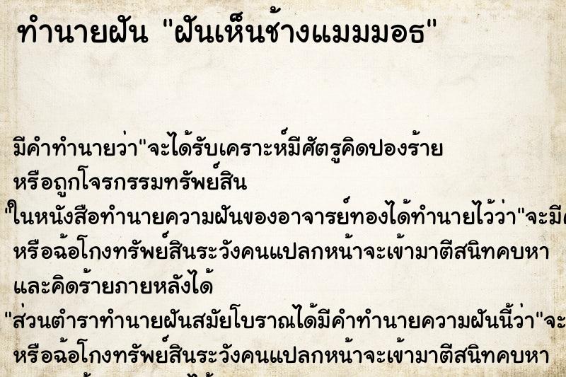 ทำนายฝัน ฝันเห็นช้างแมมมอธ ตำราโบราณ แม่นที่สุดในโลก