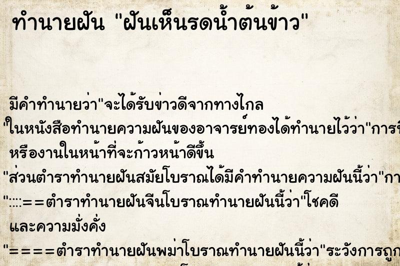 ทำนายฝันฝันเห็นรดน้ำต้นข้าว ทำนายฝันทำนายฝันฝันเห็นรดน้ำต้นข้าว