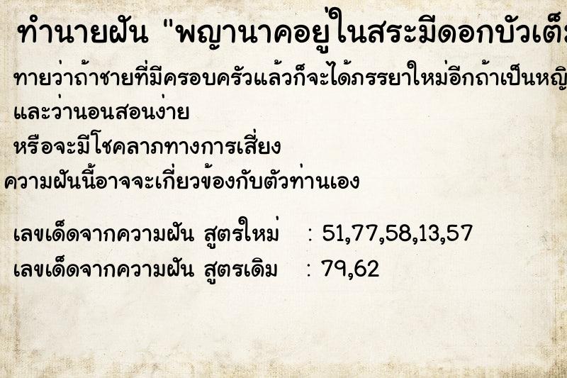 ทำนายฝันทำนายฝันพญานาคอยู่ในสระมีดอกบัวเต็มสระ