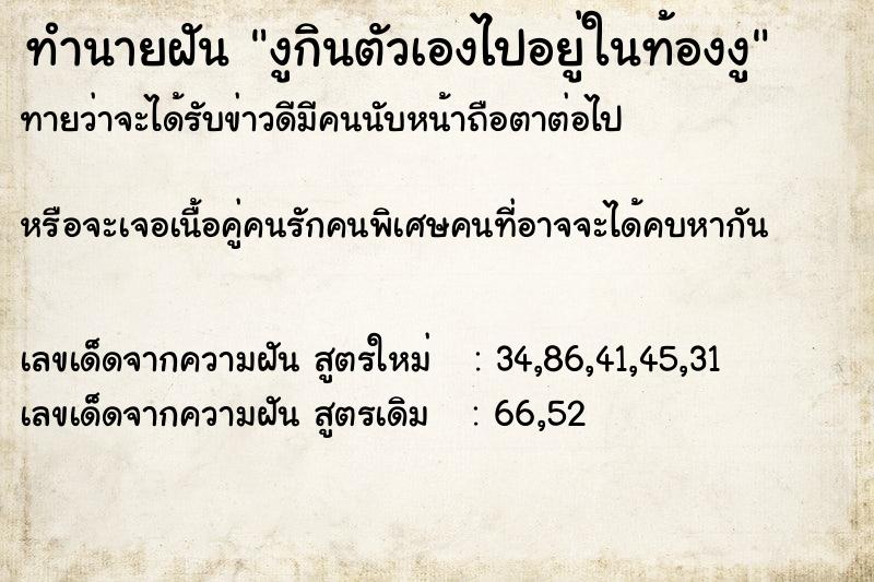ทำนายฝันงูกินตัวเองไปอยู่ในท้องงู ทำนายฝันทำนายฝันงูกินตัวเองไปอยู่ในท้องงู