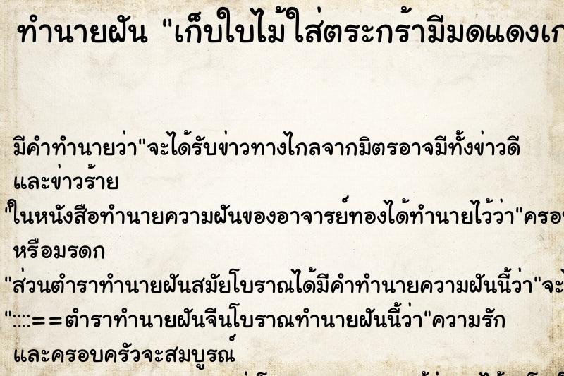 ทำนายฝัน เก็บใบไม้ใส่ตระกร้ามีมดแดงเกาะอยู่จำนวนมาก ทำนายฝัน เก็บใบไม้ใส่ตระกร้ามีมดแดงเกาะอยู่จำนวนมาก