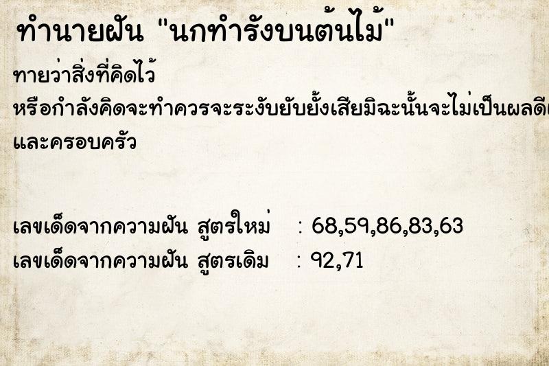 ทำนายฝันนกทำรังบนต้นไม้ ทำนายฝันทำนายฝันนกทำรังบนต้นไม้