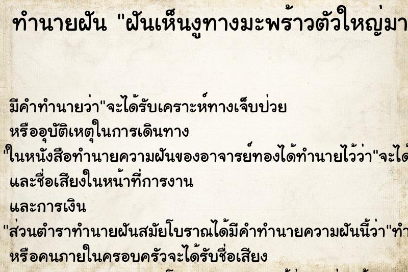 ทำนายฝันทำนายฝันฝันเห็นงูทางมะพร้าวตัวใหญ่มาก