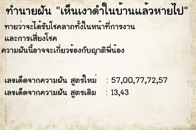 ทำนายฝันเห็นเงาดำในบ้านแล้วหายไป ทำนายฝันทำนายฝันเห็นเงาดำในบ้านแล้วหายไป