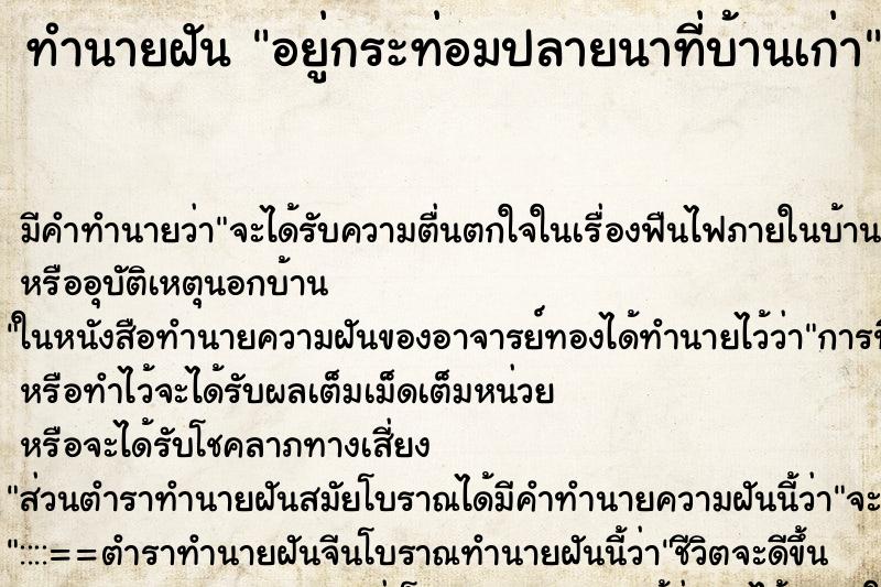 ทำนายฝันอยู่กระท่อมปลายนาที่บ้านเก่า ทำนายฝันทำนายฝันอยู่กระท่อมปลายนาที่บ้านเก่า