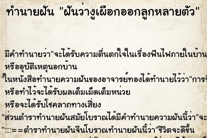 ทำนายฝันฝันว่างูเผือกออกลูกหลายตัว ทำนายฝันทำนายฝันฝันว่างูเผือกออกลูกหลายตัว