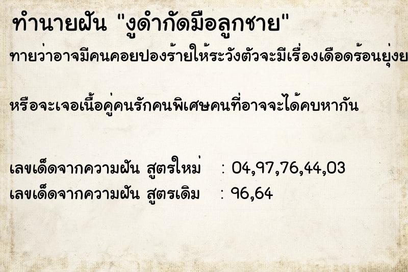 ทำนายฝันงูดำกัดมือลูกชาย ทำนายฝันทำนายฝันงูดำกัดมือลูกชาย