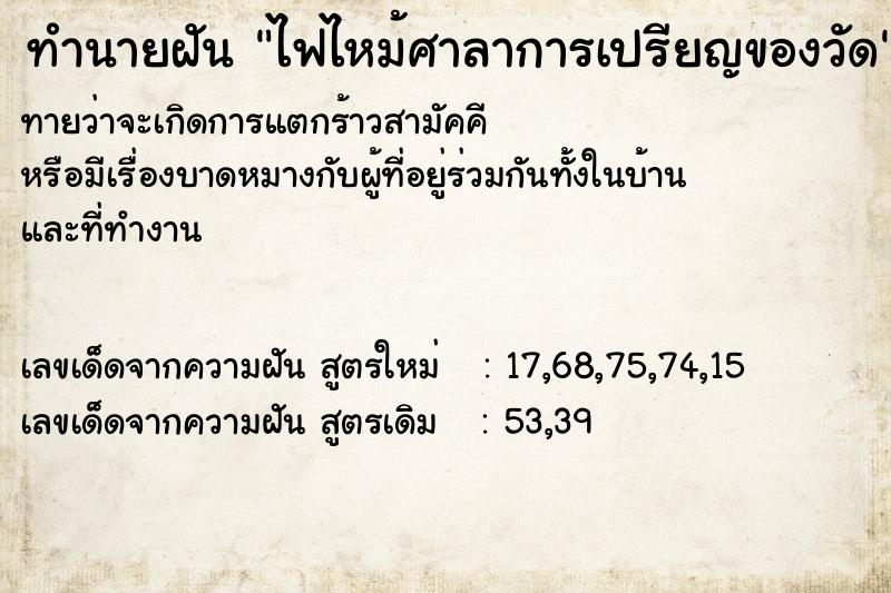 ทำนายฝันไฟไหม้ศาลาการเปรียญของวัด ทำนายฝันทำนายฝันไฟไหม้ศาลาการเปรียญของวัด
