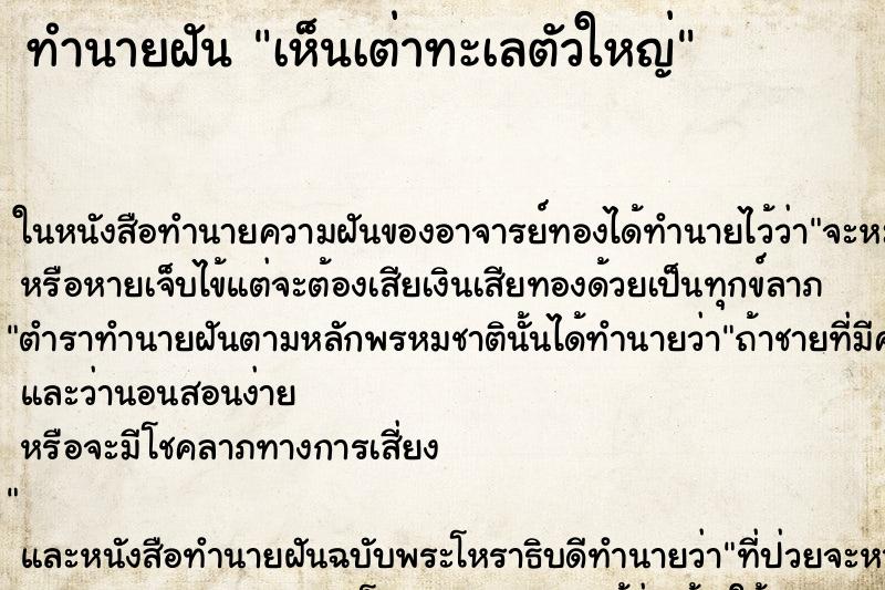 ทำนายฝัน เห็นเต่าทะเลตัวใหญ่ แม่นๆ ฟรี ด้วยตำราหนังสือทำนายฝันโบราณ ทำนายฝันเห็นเต่าทะเลตัวใหญ่