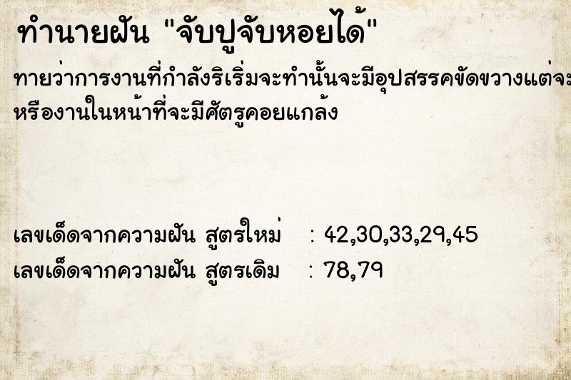 ทำนายฝันจับปูจับหอยได้ ทำนายฝันทำนายฝันจับปูจับหอยได้