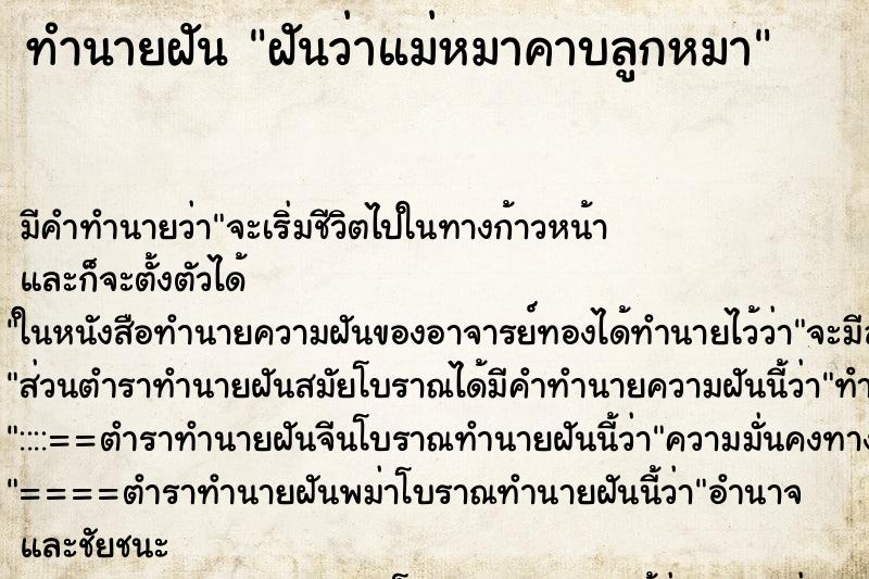 ทำนายฝันฝันว่าแม่หมาคาบลูกหมา ทำนายฝันทำนายฝันฝันว่าแม่หมาคาบลูกหมา