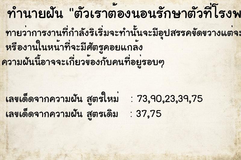 ทำนายฝันตัวเราต้องนอนรักษาตัวที่โรงพยาบาล ทำนายฝันทำนายฝันตัวเราต้องนอนรักษาตัวที่โรงพยาบาล