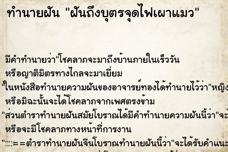 ทำนายฝันฝันถึงบุตรจุดไฟเผาแมว ทำนายฝันทำนายฝันฝันถึงบุตรจุดไฟเผาแมว